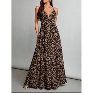 V-Neck Cross Backless‎ Leopard Print Tall Dress Cocktail Summer Resort Babydoll